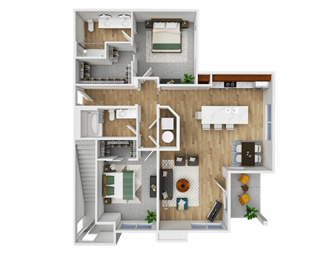 A detailed 3D floor plan of a house showing all rooms and their layouts.